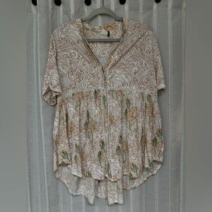 Anthropologie Cream and Green Floral Blouse Flowy Boho Oversized